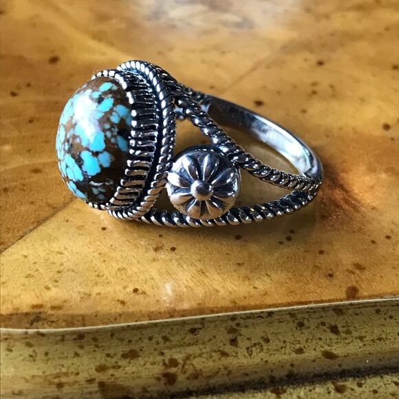 Blue Turquoise Sterling Silver Flower Ring Size 8 - Picture 8 of 9